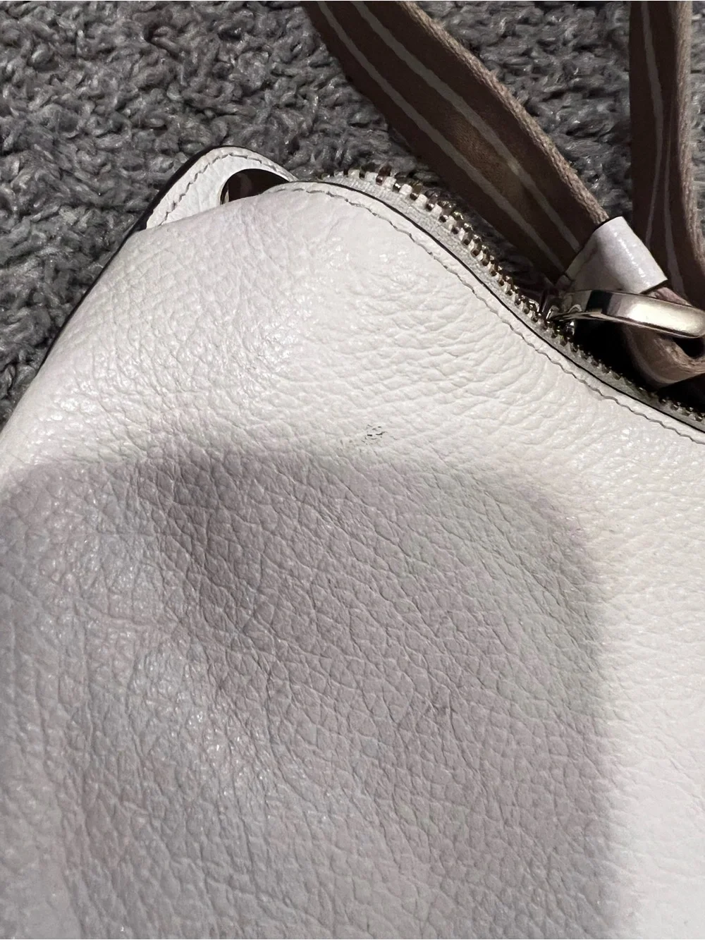 kate spade white pebbled leather crossbody with striped tan strap and coin pouch